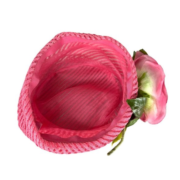 Vintage 50s Pink Woven Pillbox Rose Hat - Picture 3 of 7